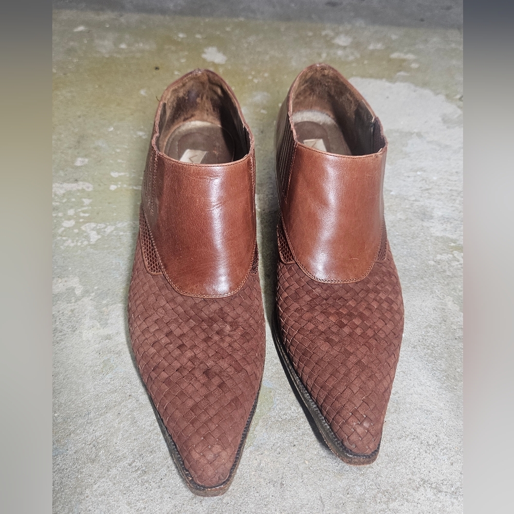 Via Spiga Brown Woven Leather Pointed Toe Ankle Shoes